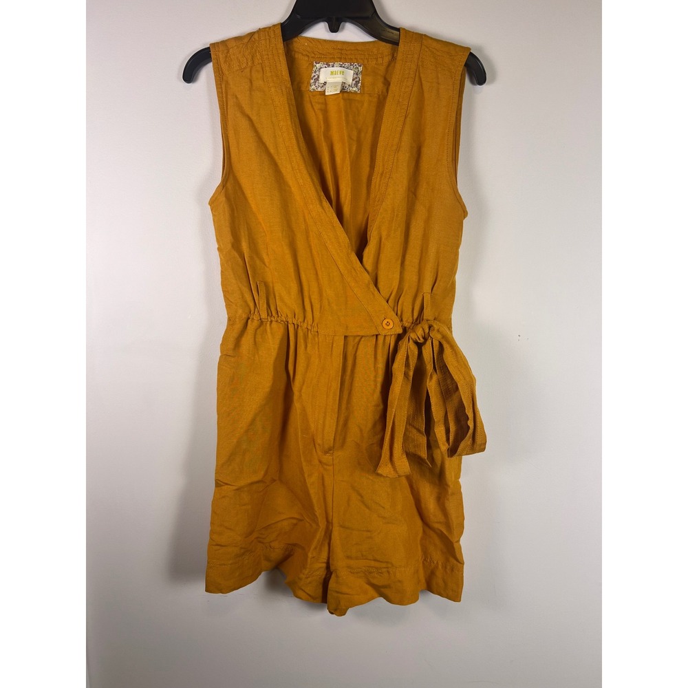 Maeve Anthropologie Luana Linen Blend Sleeveless Wrap Romper Orange Gold‎ Sz 4